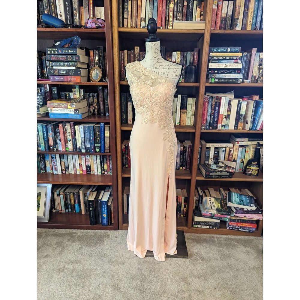 L'ATISTE petal pink one shoulder lace chiffon mesh maxi gown sz m nwt